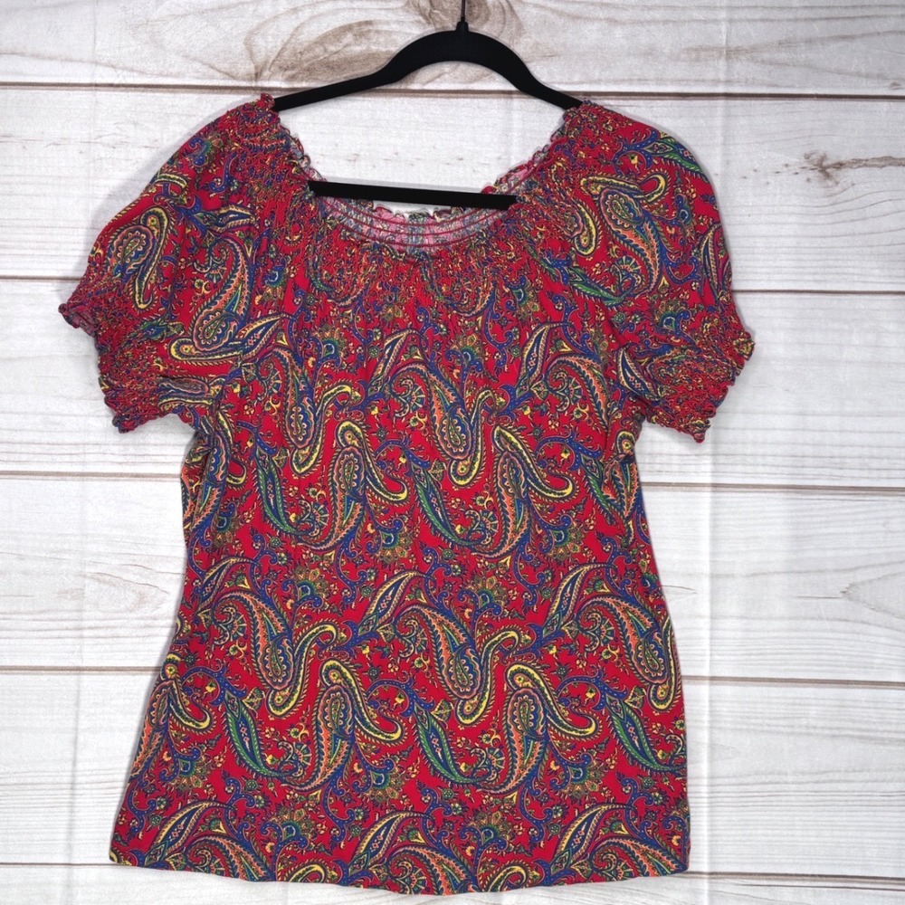 Lauren Ralph Lauren Red Paisley Smocked Square Neck Cotton Top XL Boho Festival